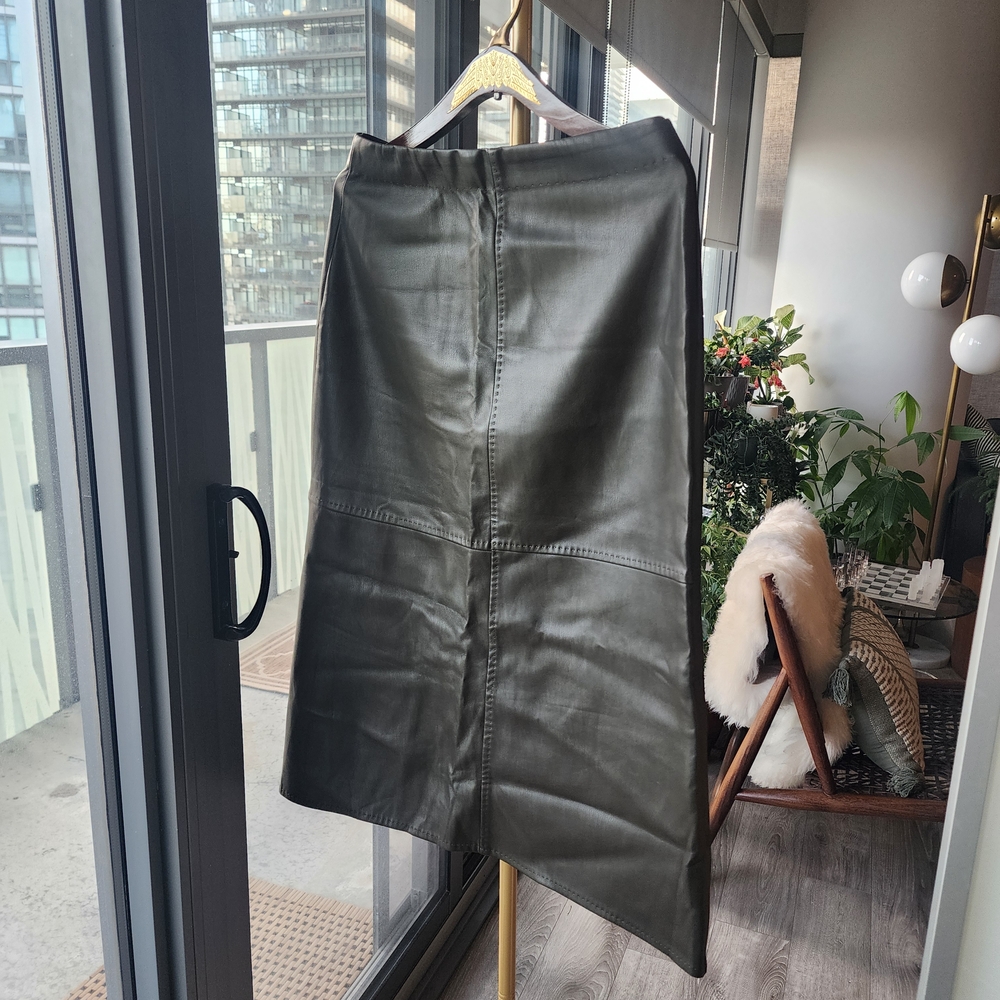 Max Studio Asymmetrical Dark Khaki- Gray Vegan Leather Midi Skirt